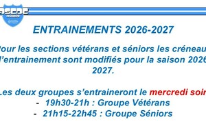 Modification des creneaux d'entrainement séniors et vétérans