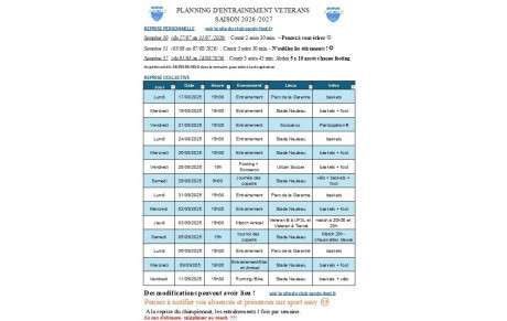 Planning de reprise Vétérans 2026-2027